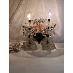 Vintage Hollywod Regency Crystal Lamp tiered Waterfall design w/ hanging Prisms